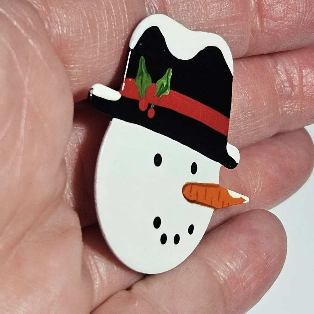 Signed Handmade Vintage Painted Metal Snowman Brooch